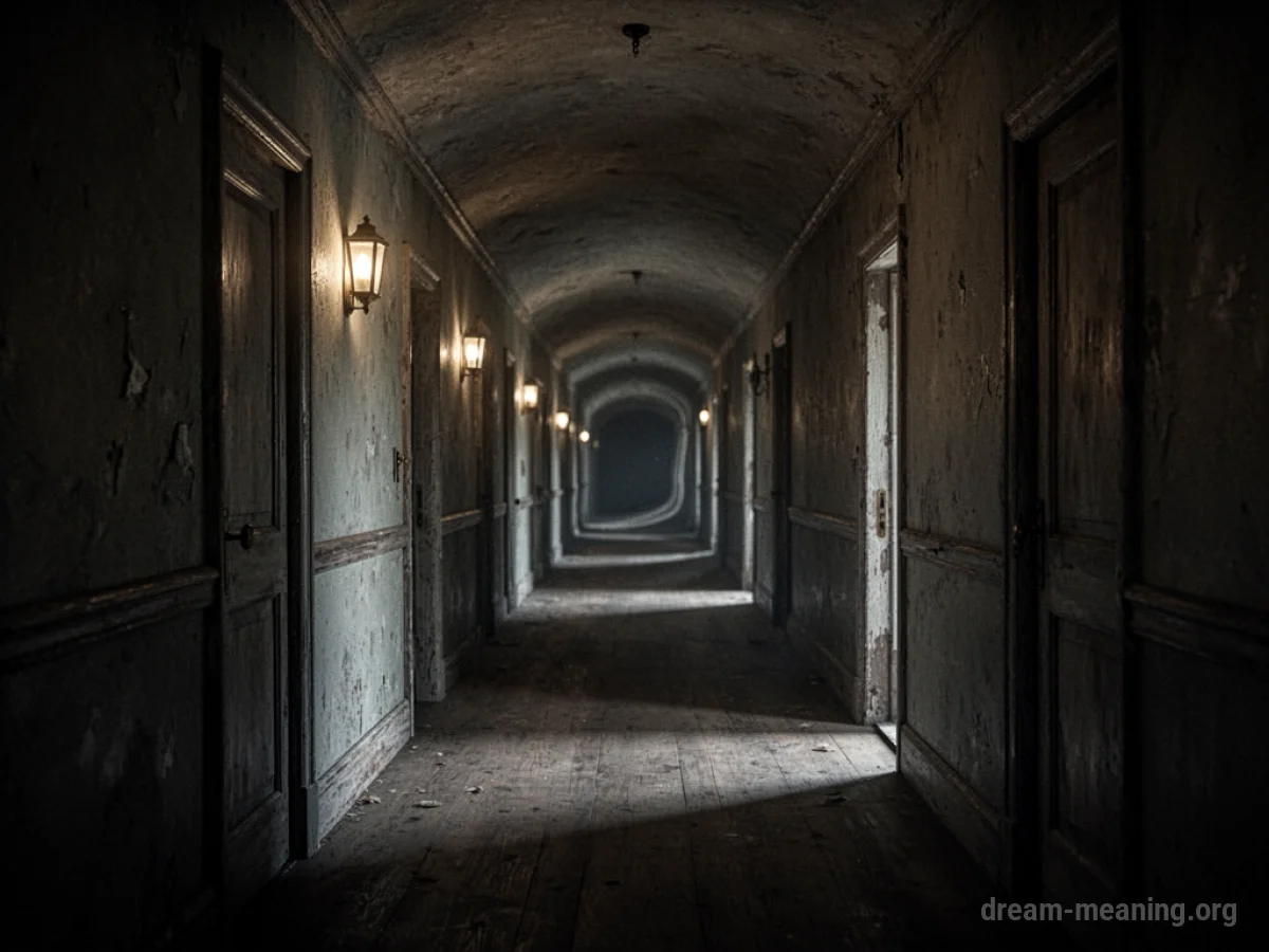 A dimly lit, winding hallway.