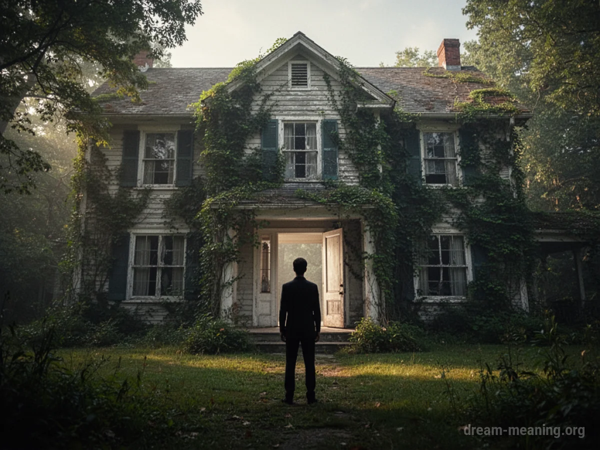 Silhouette of a person facing an unknown house with an open door.