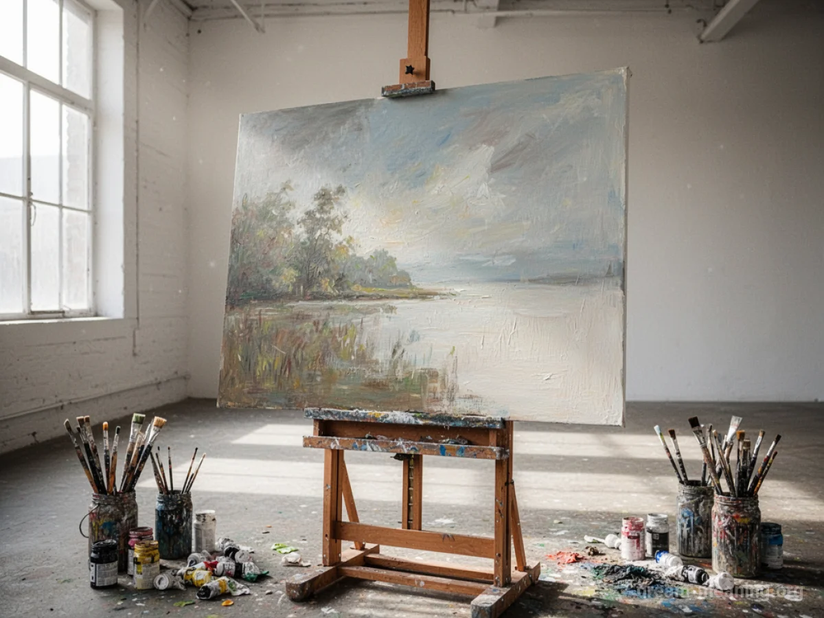 An easel holding a canvas with an incomplete artwork, surrounded by art supplies.