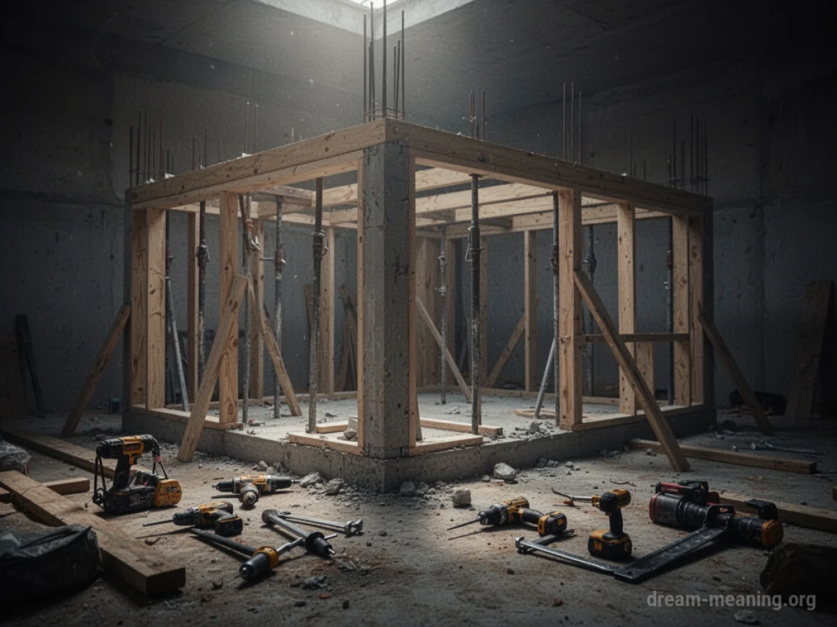 A partially constructed building with tools laid out nearby.