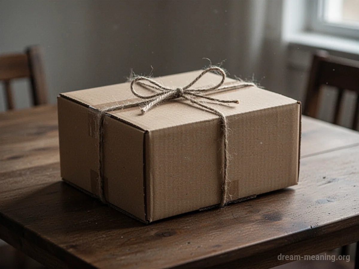 A closed cardboard box with twine.