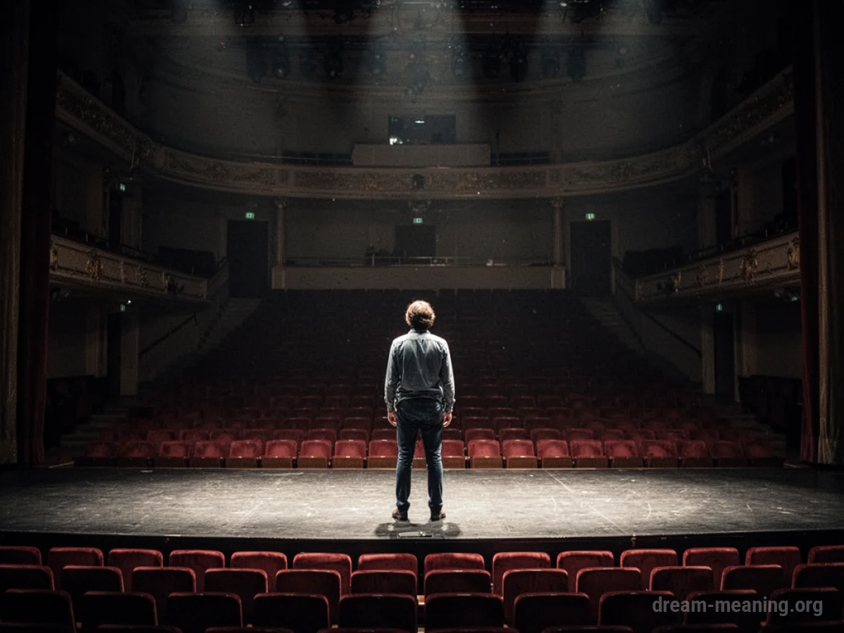 A single person standing on a stage in front of an empty audience.