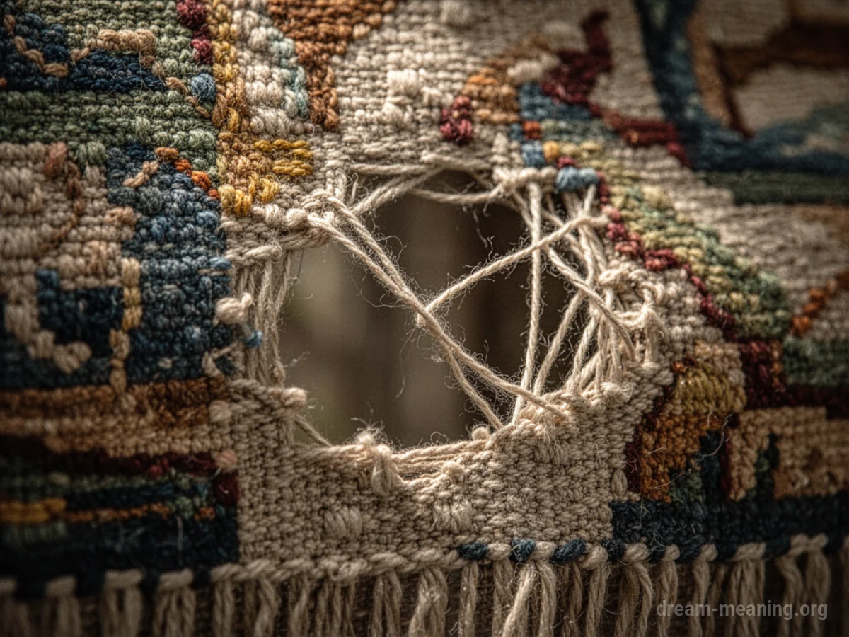 A single thread being pulled from a woven tapestry.