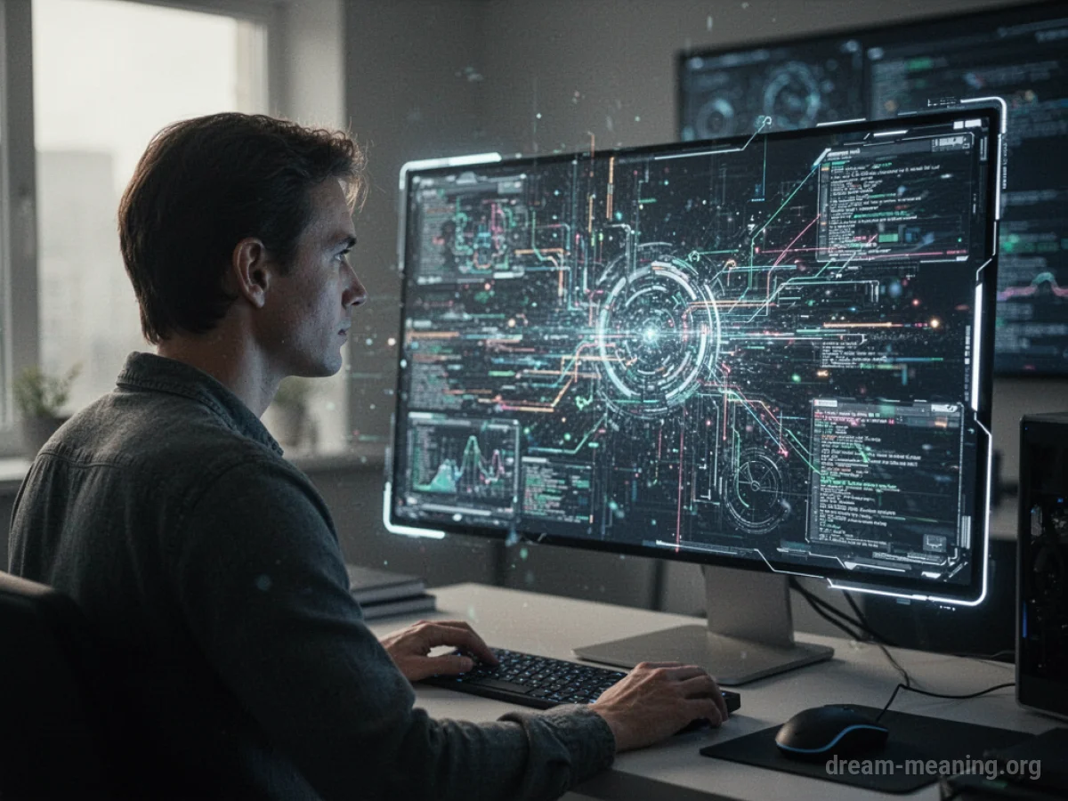 A person interacting with a holographic interface displaying data.