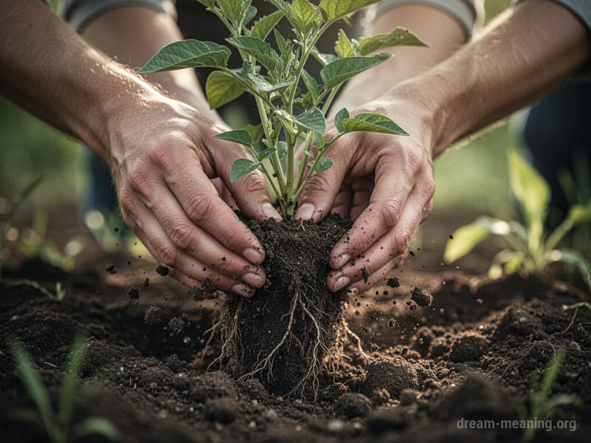 Hands pulling a plant from soil.
