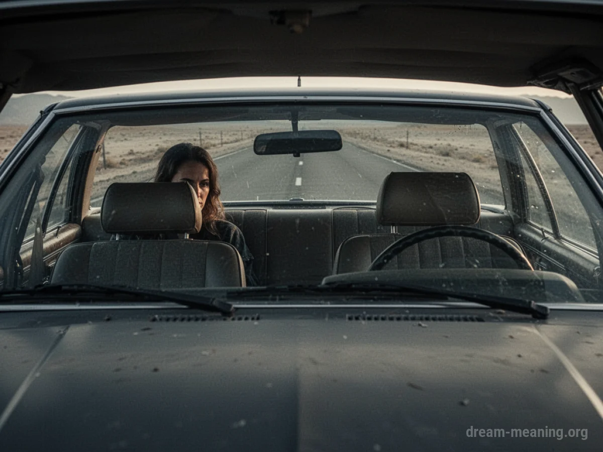 A person sits in the passenger seat of a stationary car on a lonely road.