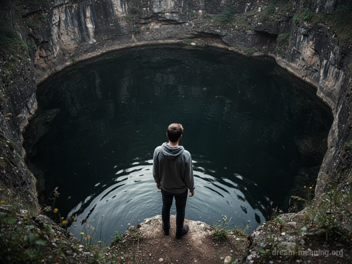 A person stands at the edge of a very deep, dark pool.