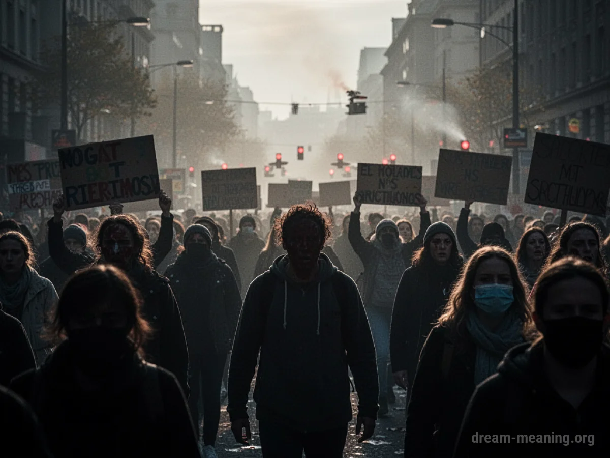 Silhouettes of a crowd engaged in a protest, with some figures appearing agitated.