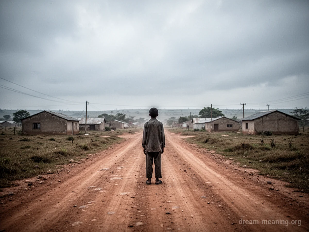A lone figure stands on a dirt road facing a small, distant village under a gray sky.