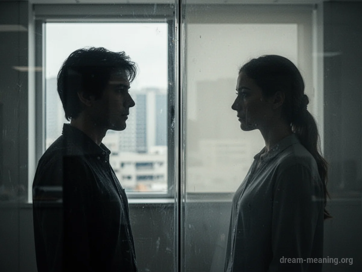 Silhouette of one person looking through a glass barrier at another person.
