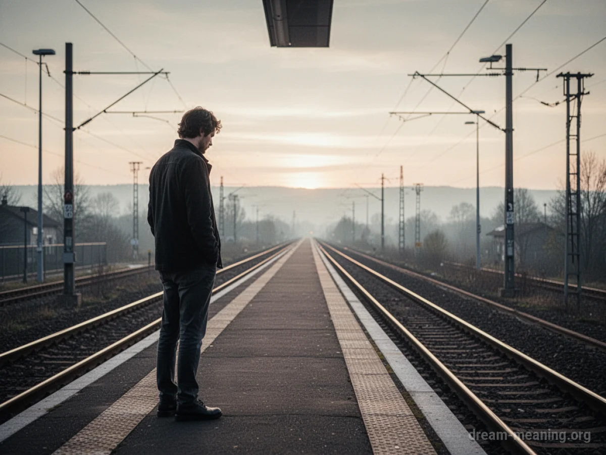 A person stands on a train platform, silhouetted against a hazy, distant light.