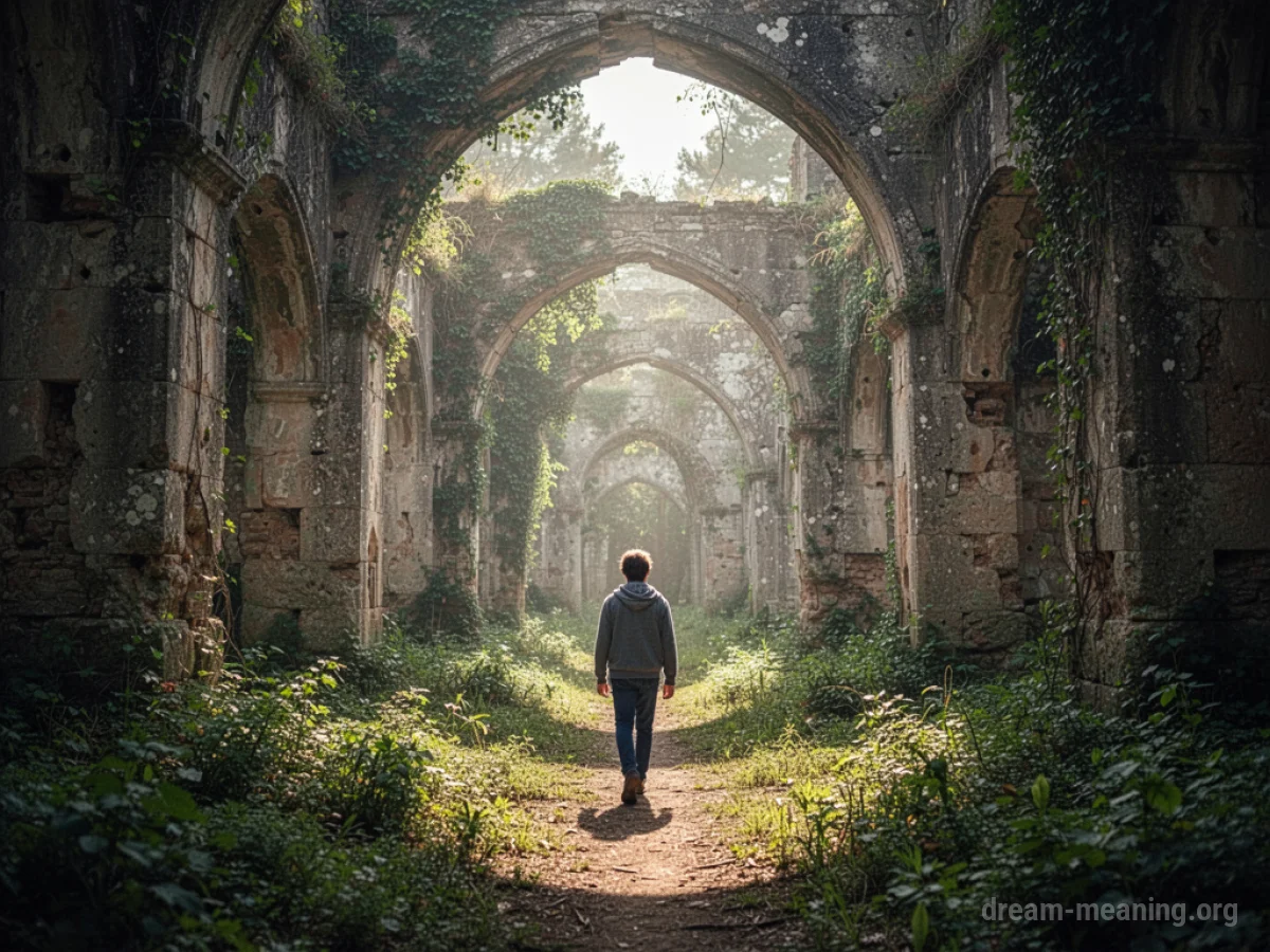 A person walks through a weathered stone ruin overgrown with plants.