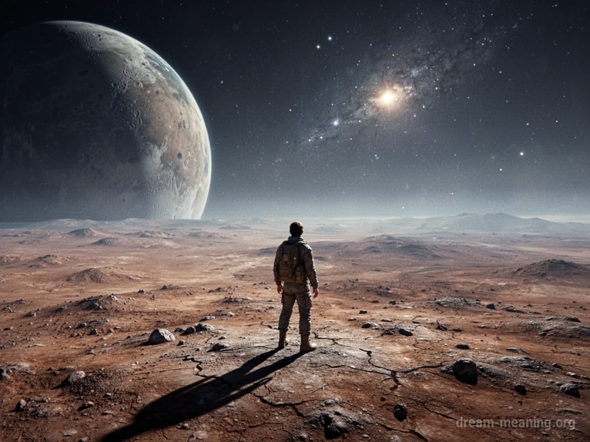 A person stands on a desolate planet's surface, gazing at a star.