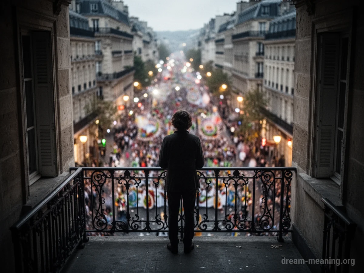 A person silhouetted on a balcony observing a distant parade.