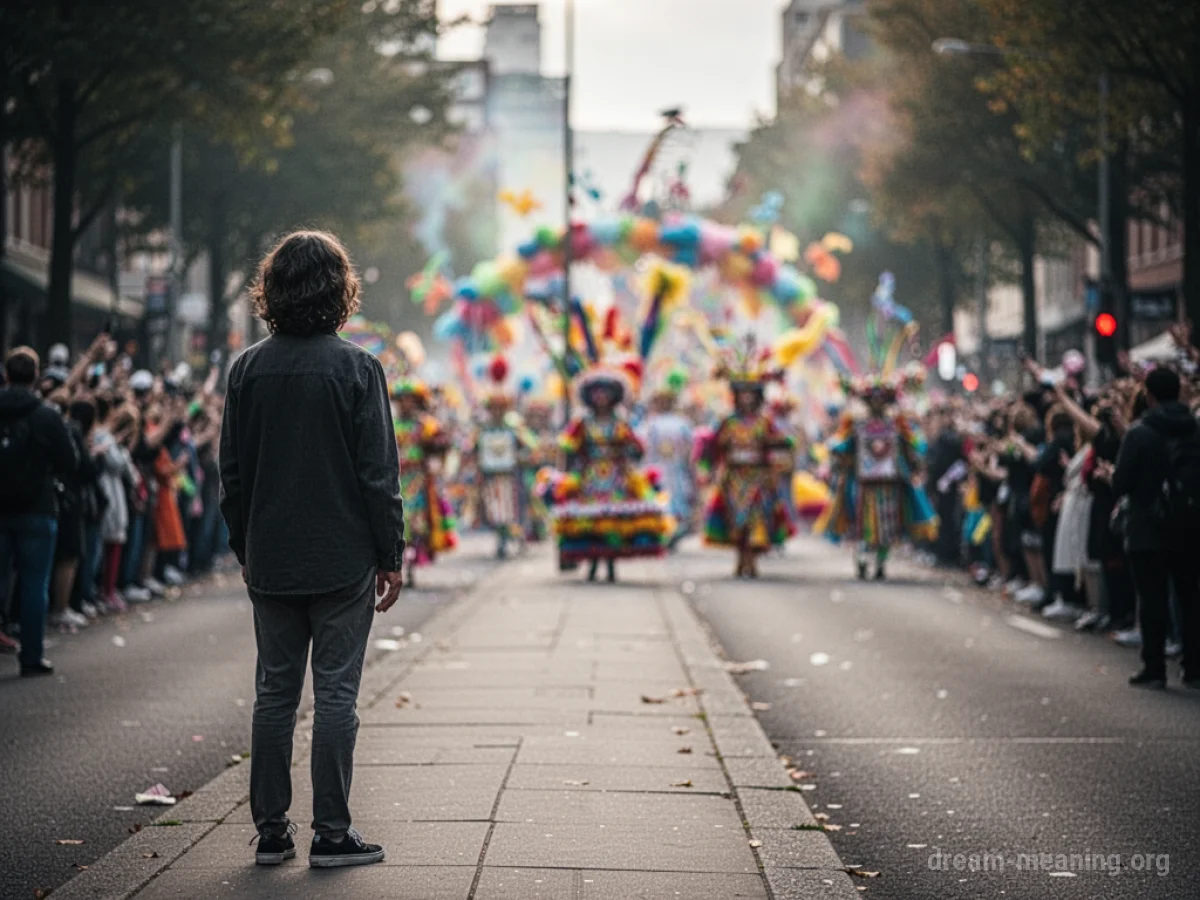 A lone figure watches a distant, blurred parade from a sidewalk.