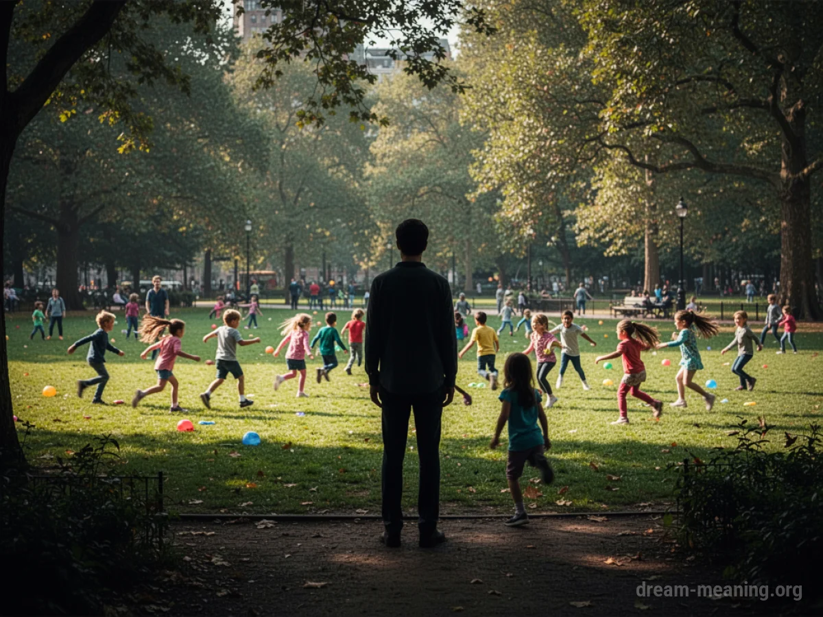 A person stands in shadow observing children playing in a sunny park.