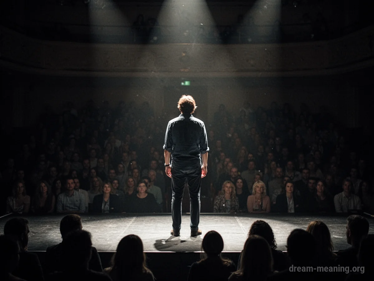 A solitary figure on a stage facing an unseen crowd.
