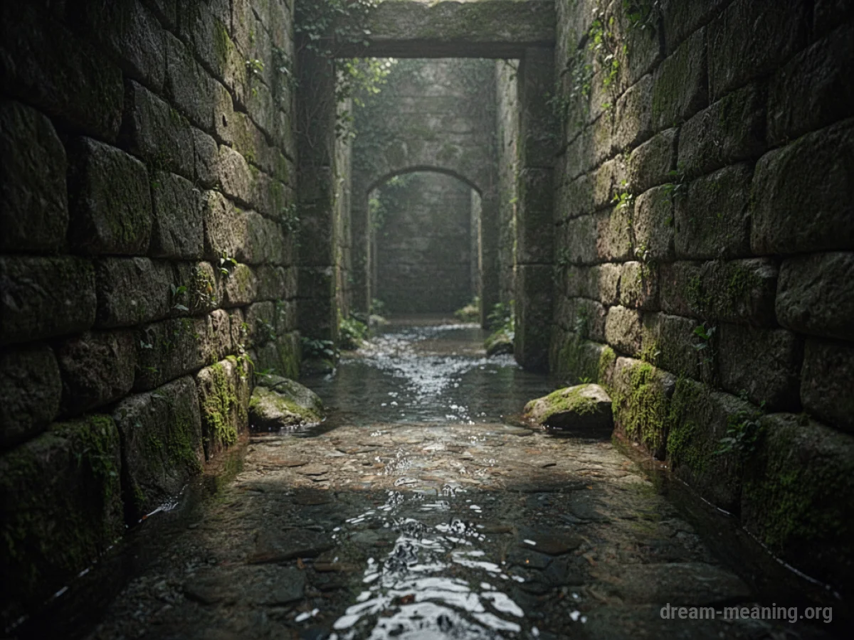 A stone passage with water covering the floor.