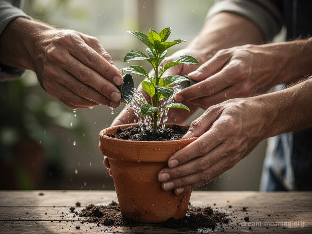 Hands watering a small green plant.