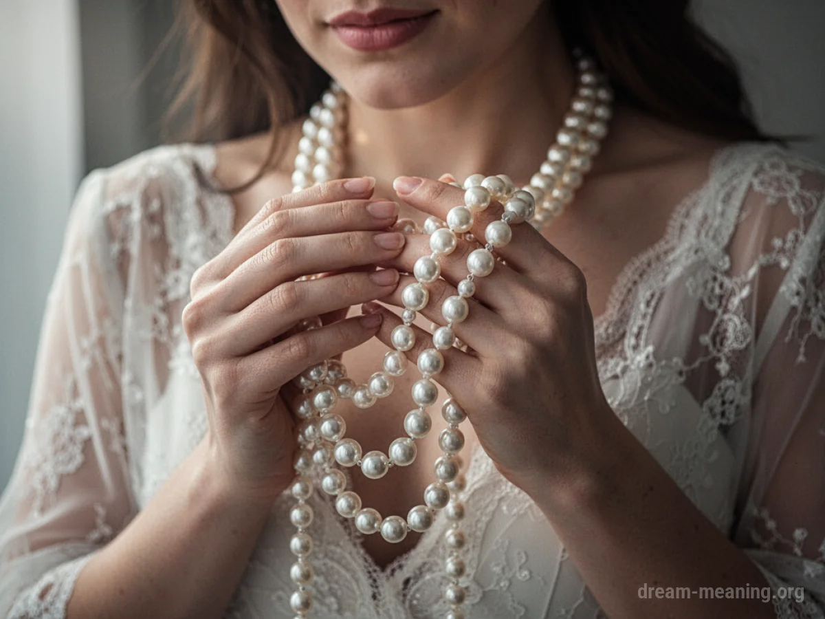 A delicate strand of white pearls held in cupped hands.