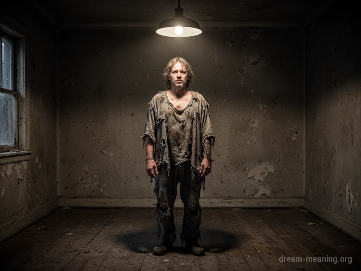 A lone figure in worn, ragged clothes standing in a dark, sparsely furnished room.