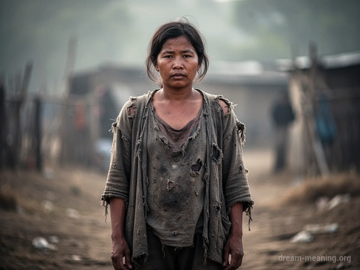 A solitary figure in torn, faded garments.