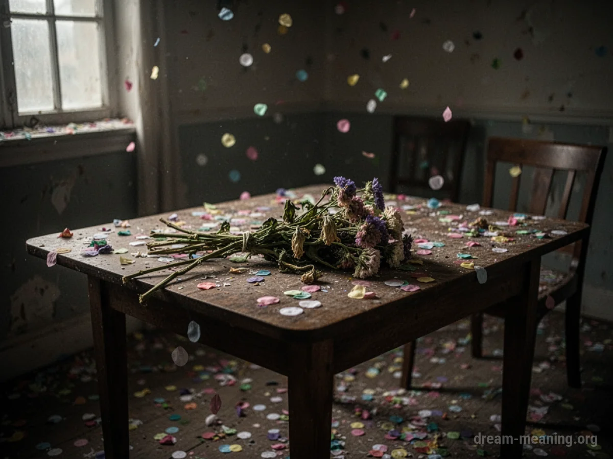 A wilting bouquet of flowers sits on a table in a dark room.
