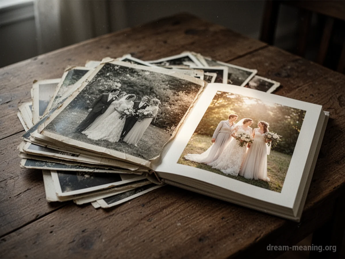 A collection of wedding photographs stacked on a table.
