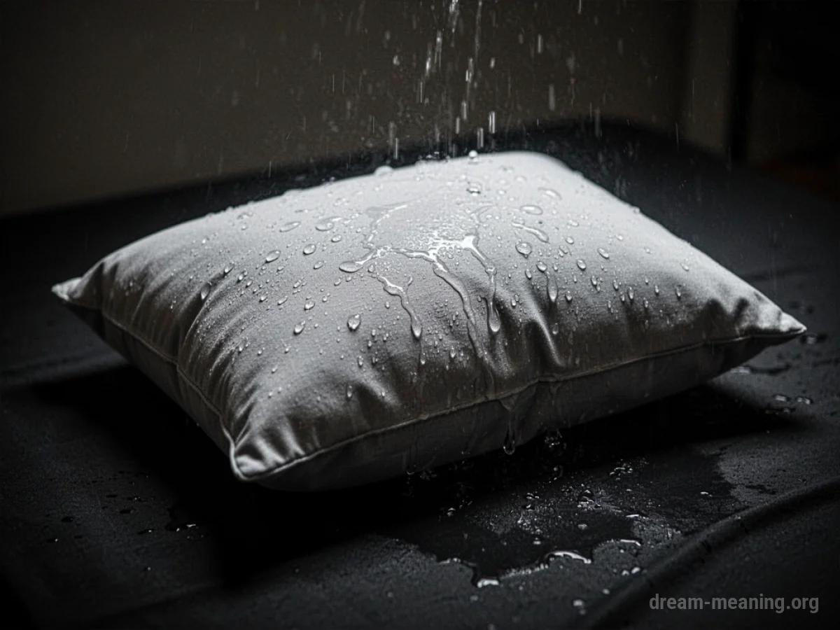 A damp pillow on a dark surface.