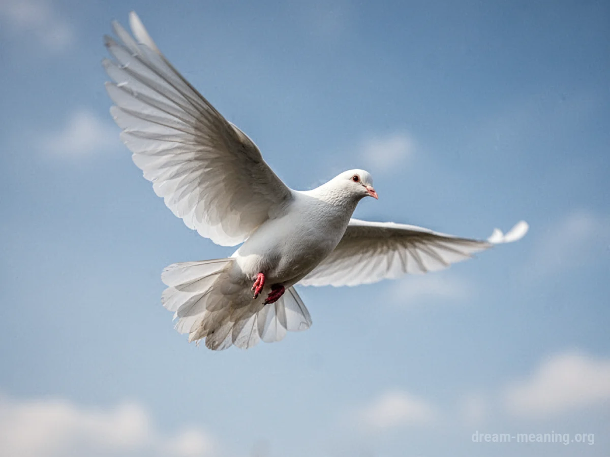 A white dove in mid-flight against a clear sky.
