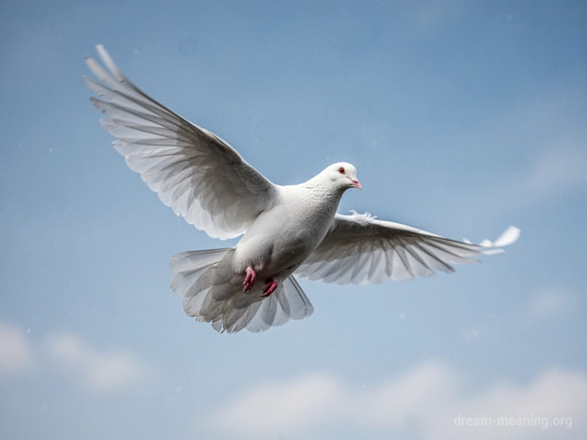 A white pigeon flying upwards in a clear blue sky.