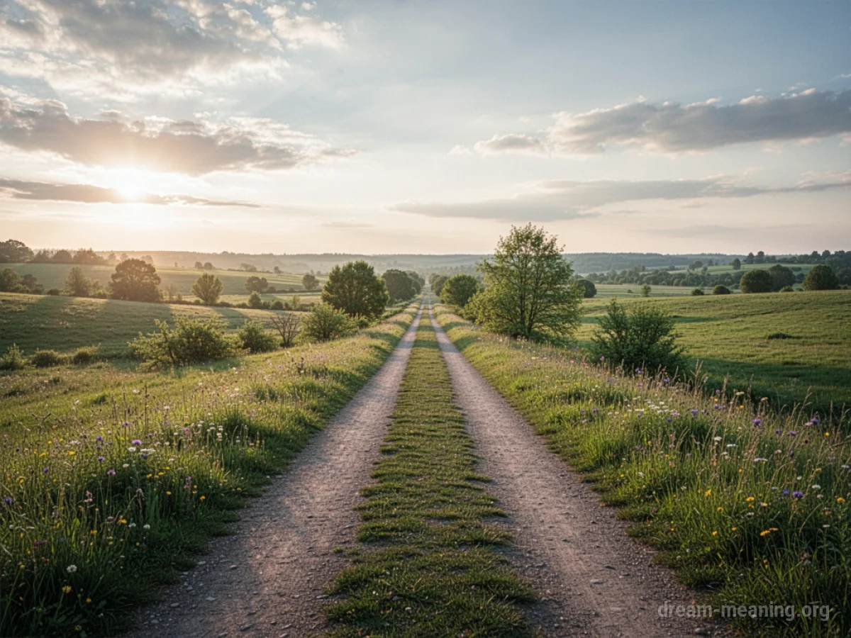 A wide, open pathway leading forward through green fields under a clear sky.