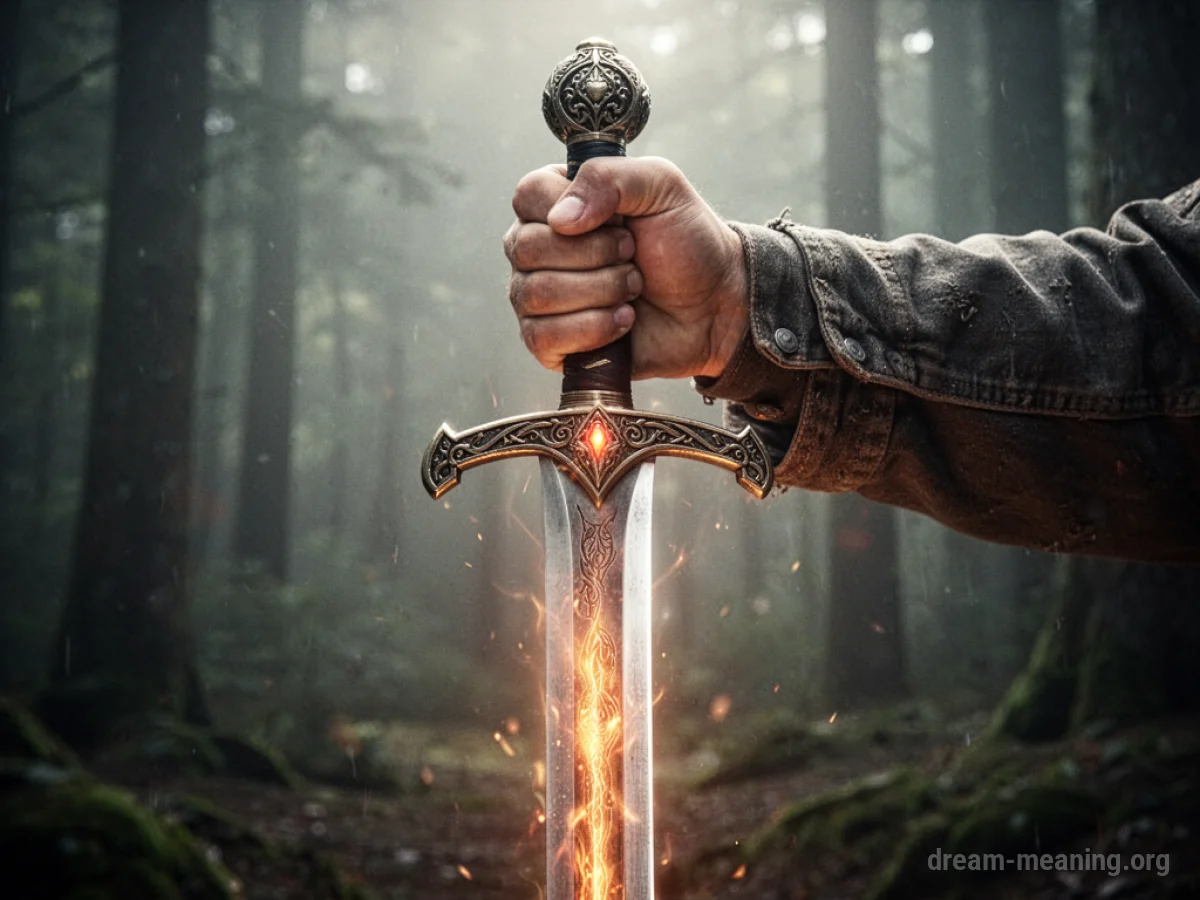 A hand firmly grasps the hilt of a sword that emits a soft light.