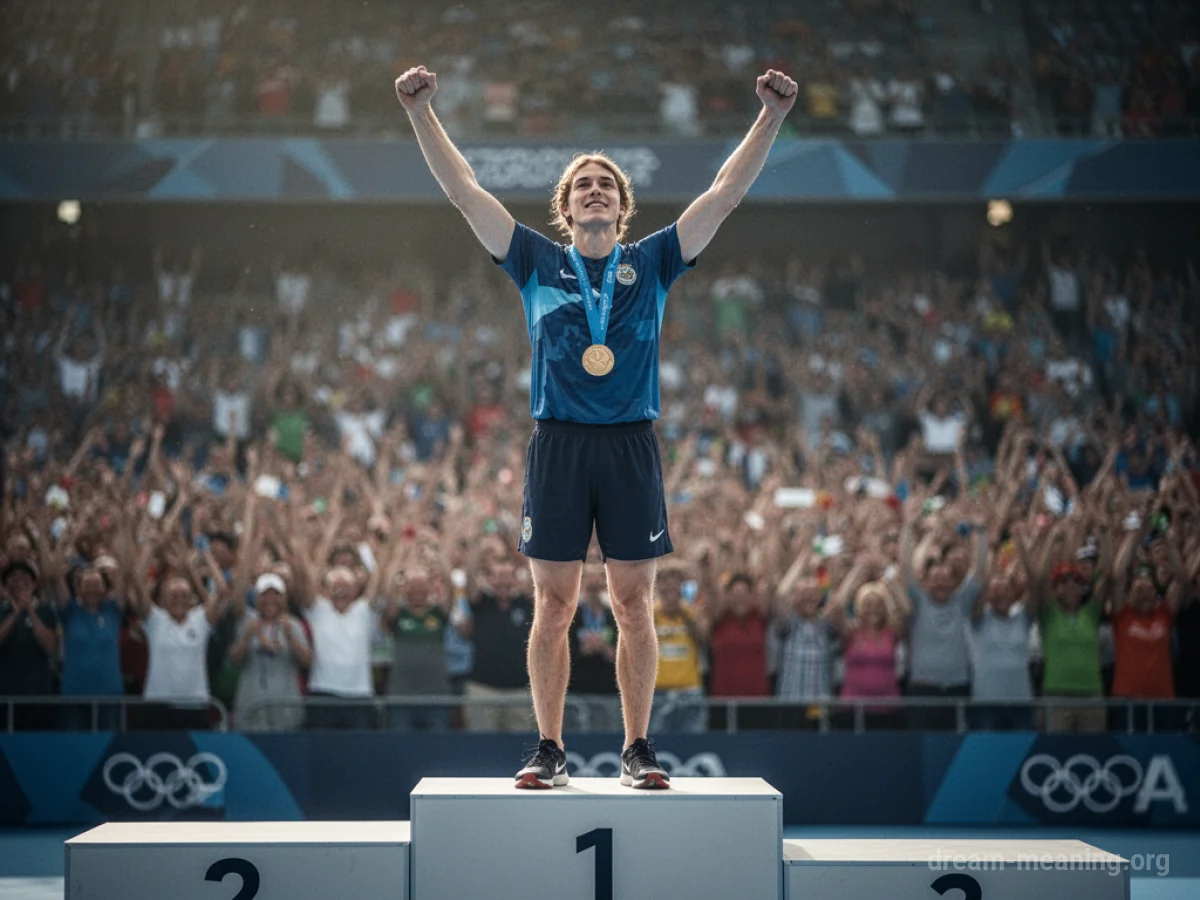 A person on a podium with arms raised.