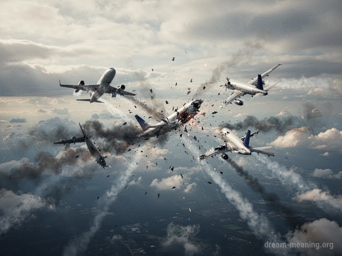 Several airplanes falling from a sky filled with clouds, leaving smoke trails.