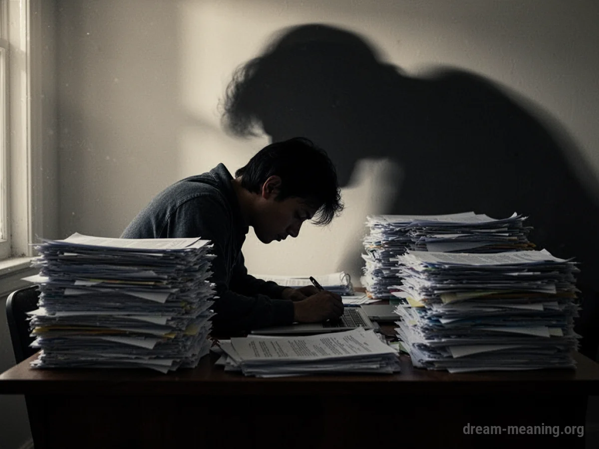 Silhouette of a person burdened by a large stack of papers under a looming shadow.