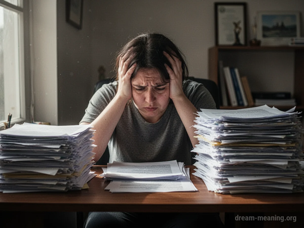 A person looking stressed at a desk full of paperwork.