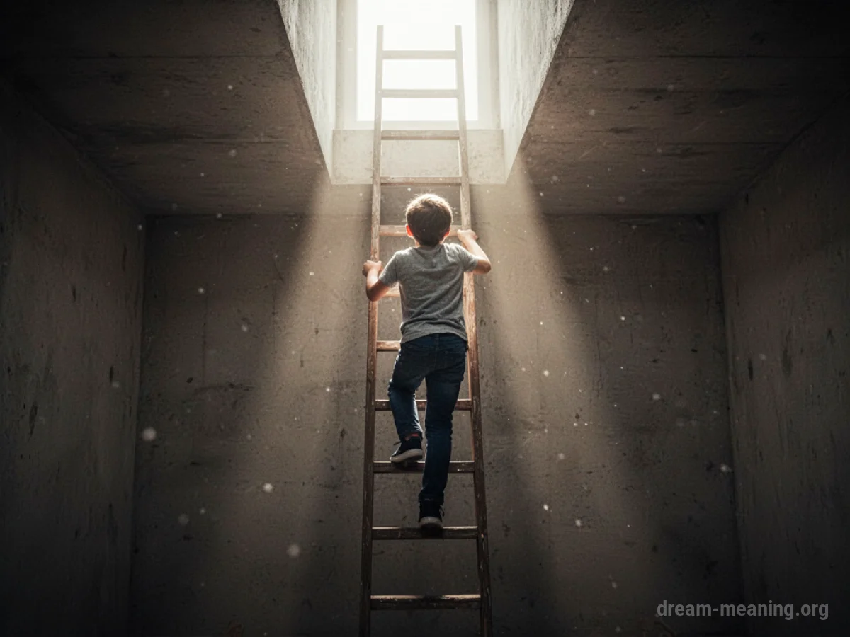 A person climbing a ladder towards a glowing light.