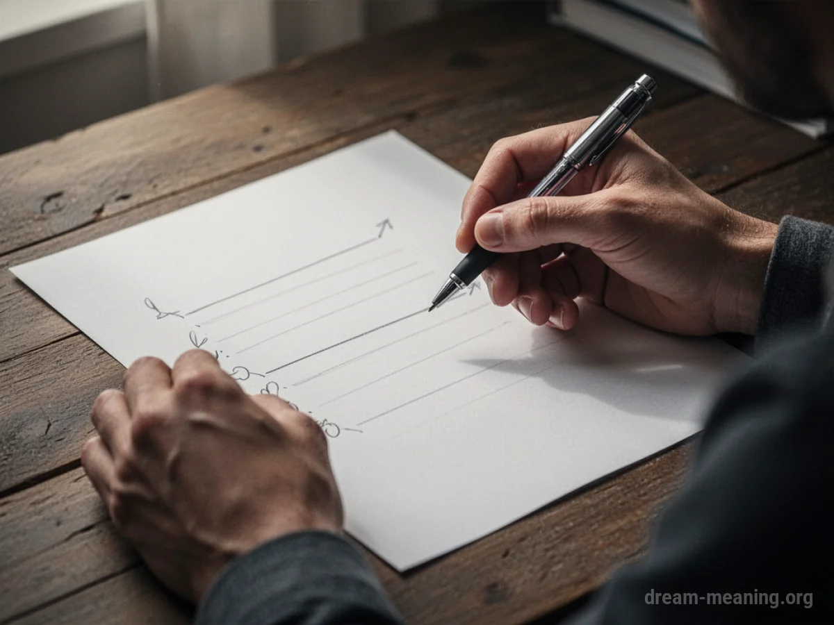 Hands holding a pen over a blank page with faint story lines.
