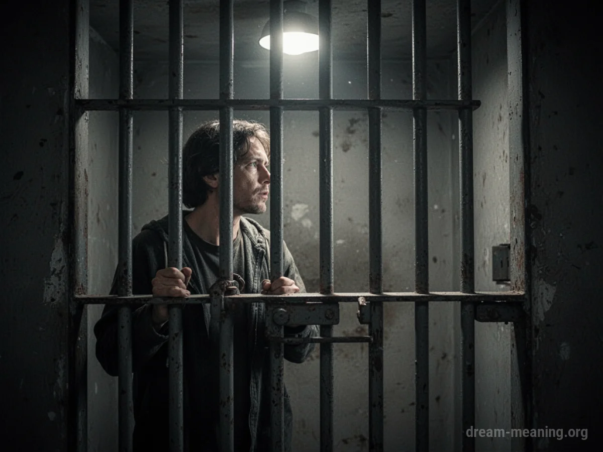 A person looking out from behind prison bars.