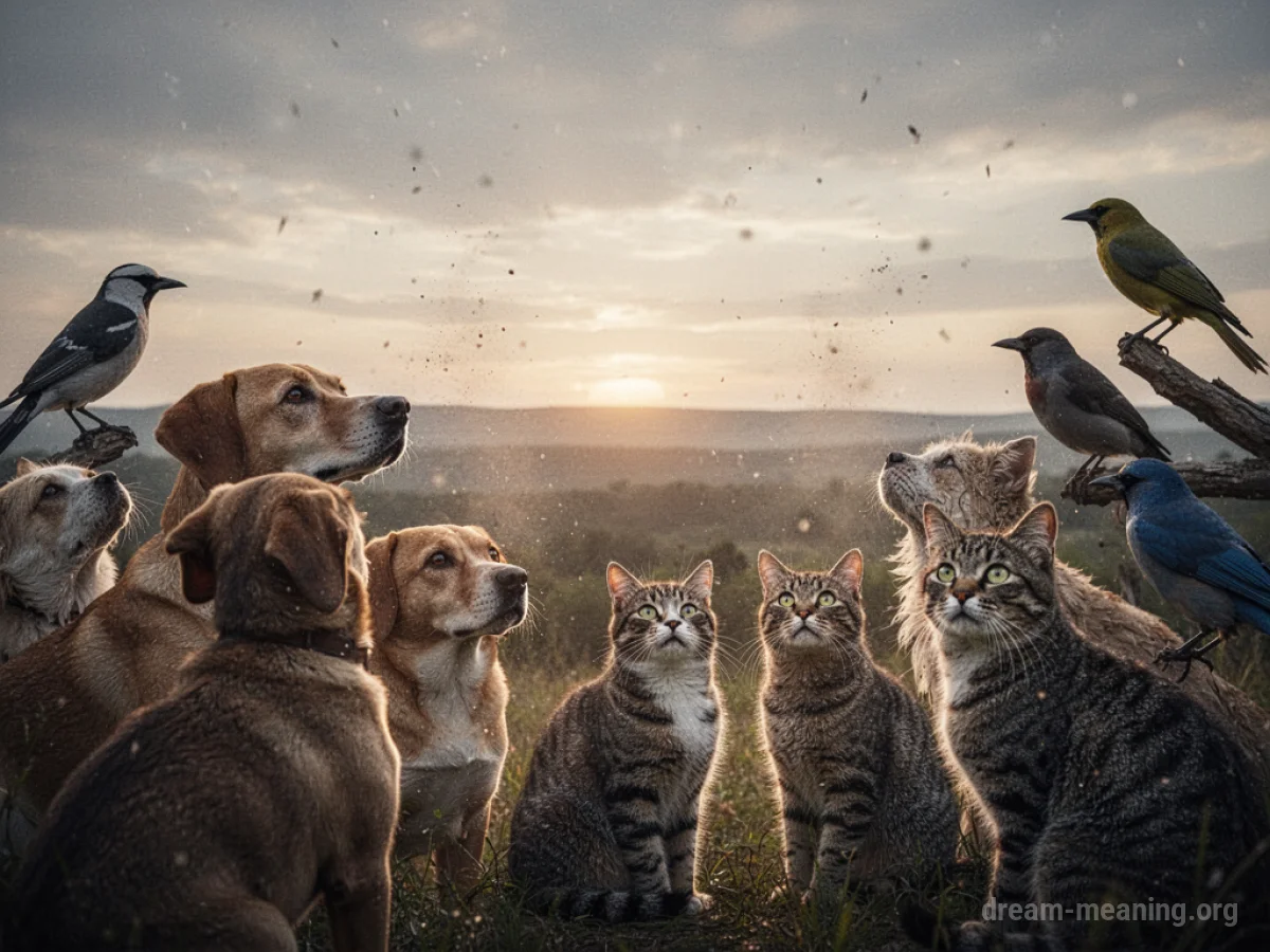 Various animals looking alertly towards a distant disturbance.