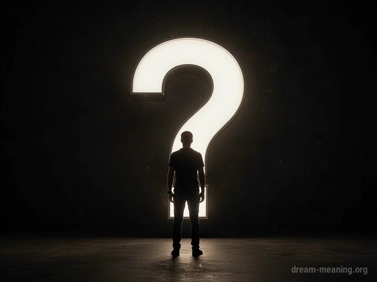 A dark silhouette of a person standing before a large, bright question mark.