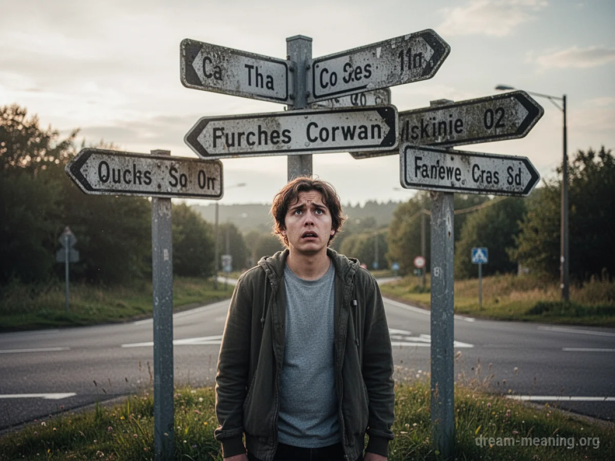 A person at a crossroads with signs.