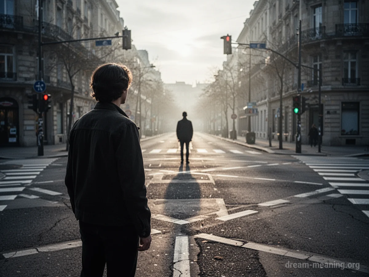 A person stands at a fork in the road, facing a distant, indistinct figure.