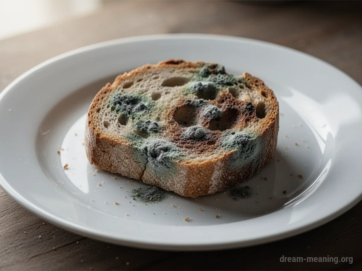 A piece of moldy bread on a plate.