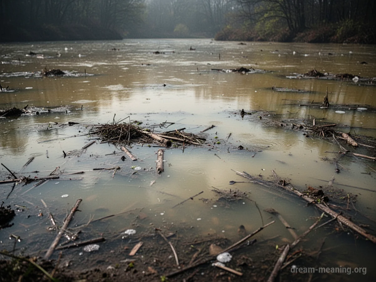 Murky water with visible contaminants floating.