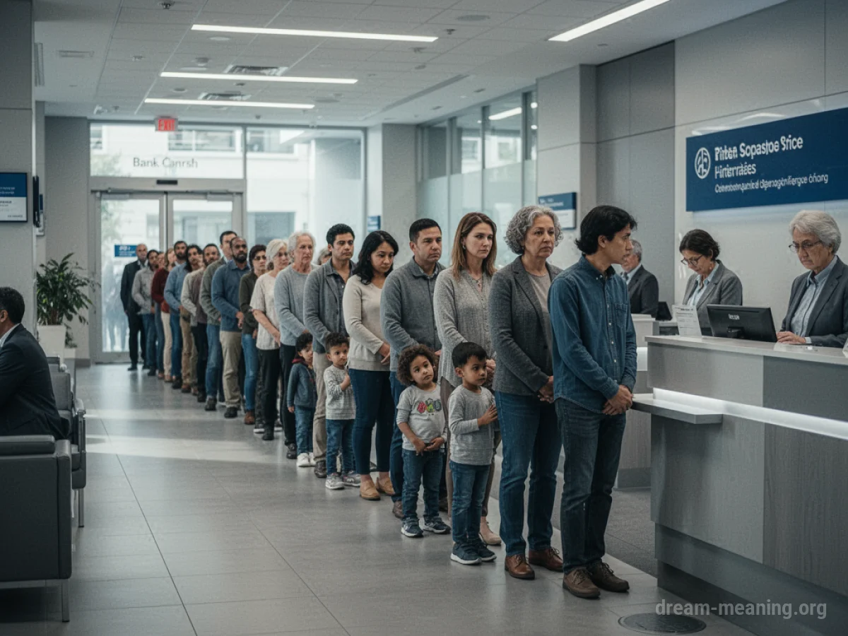A line of people waiting inside a bank.