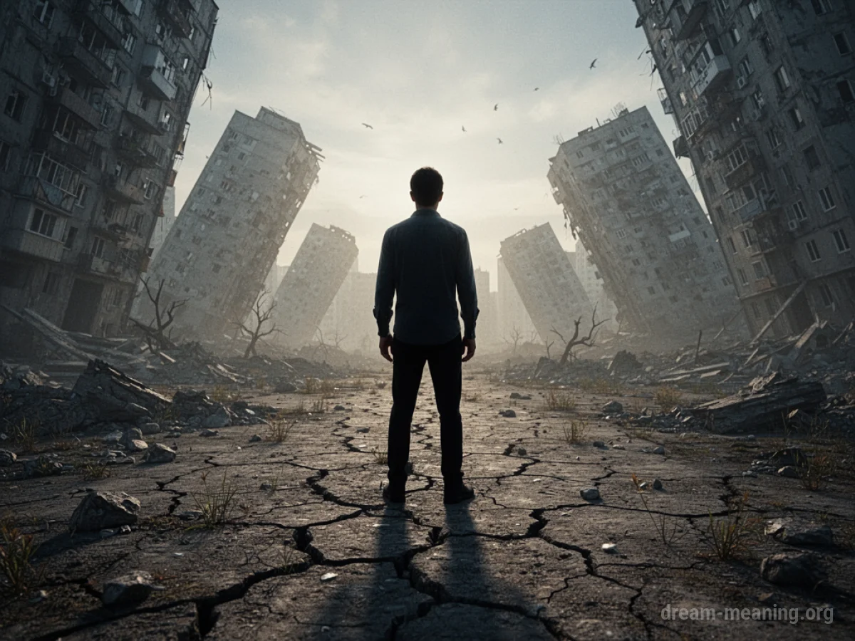A person standing on cracked ground with tilted buildings.