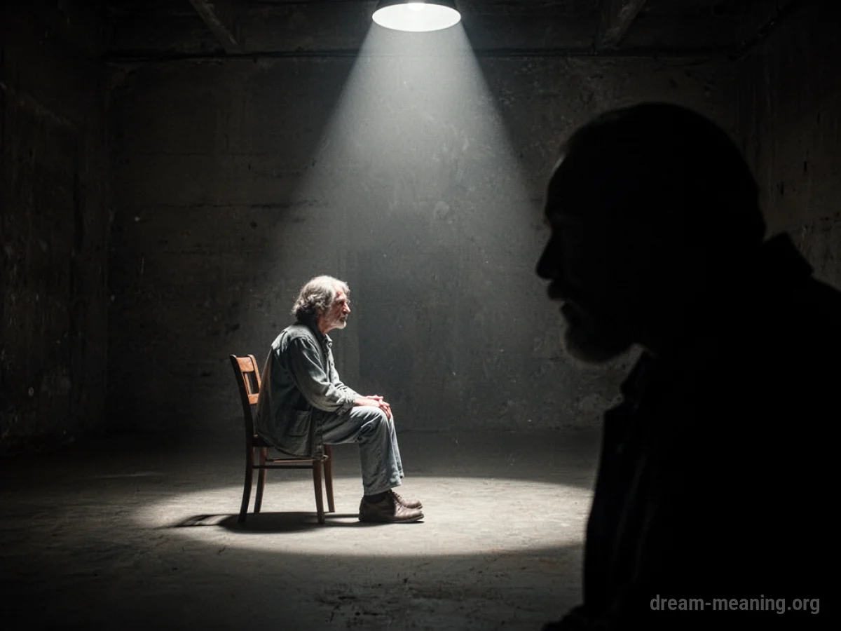 A person sitting alone in a dimly lit room under a bright spotlight.