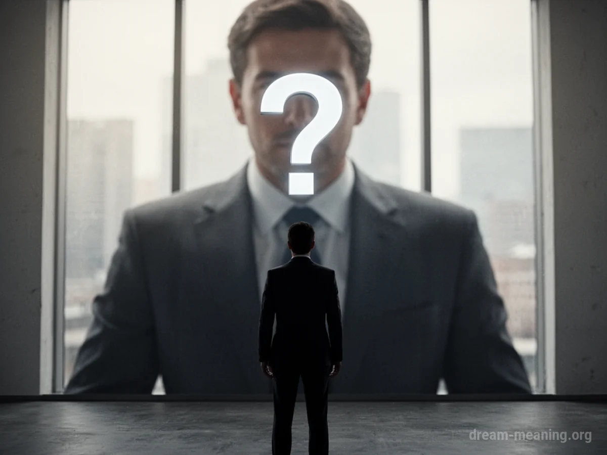 Silhouette of an employee facing a larger, shadowed figure of a boss, with a question mark above.